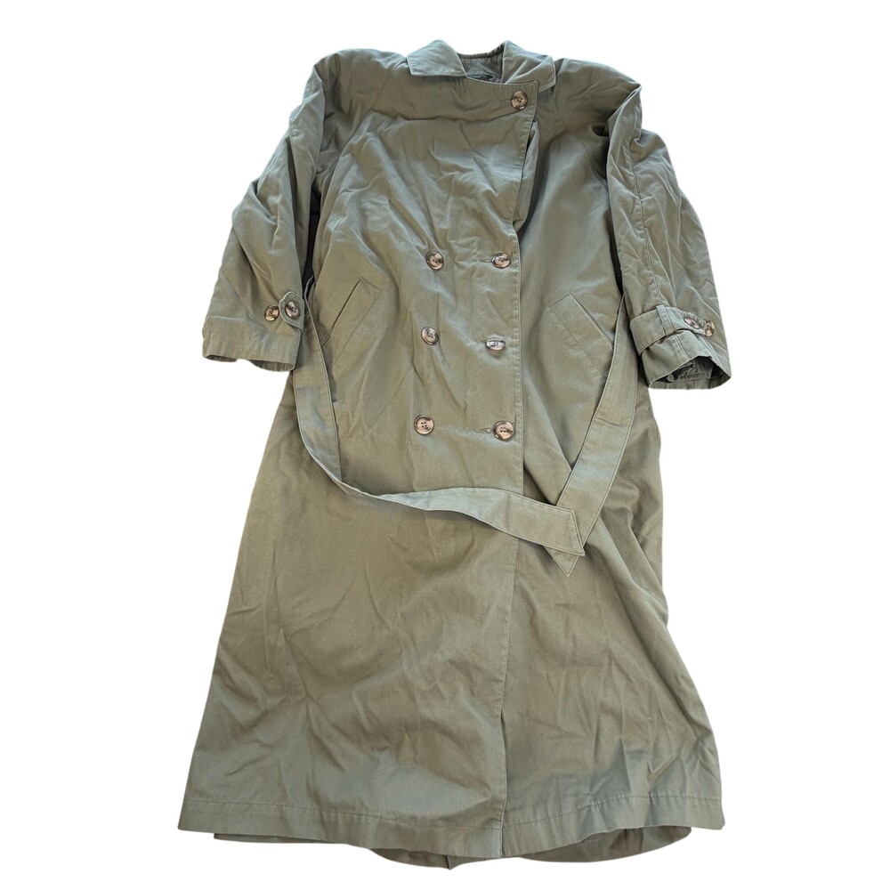 New York Harbor Coat Womens 8P Green Long Belted Trench Twill Button Front